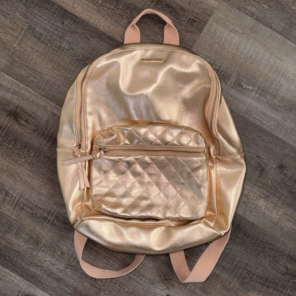 Rampage Y2K Girly Pop Metallic Gold Quilted Full Sized Backpack, Streetwear Glam